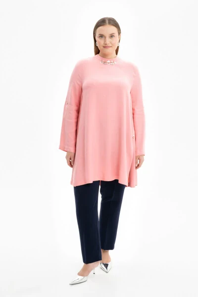 Viscose Tunic with Embroidered Collar - Salmon - AKER