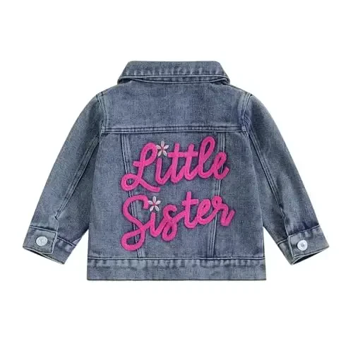 VISGOGO Toddler Baby Girl Jacket Big Lil Sister/Brother Letter Embroidery Jean Long Sleeve Cardigan Button Denim Coat - VISGOGO