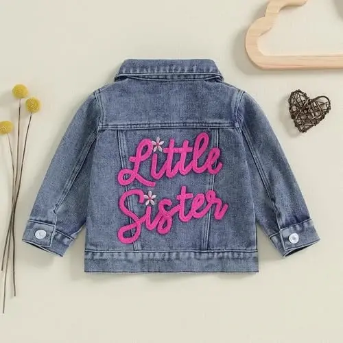 VISGOGO Toddler Baby Girl Jacket Big Lil Sister/Brother Letter Embroidery Jean Long Sleeve Cardigan Button Denim Coat - 4