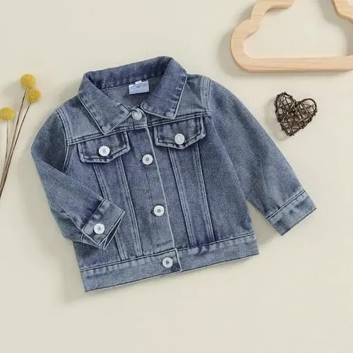 VISGOGO Toddler Baby Girl Jacket Big Lil Sister/Brother Letter Embroidery Jean Long Sleeve Cardigan Button Denim Coat - 3