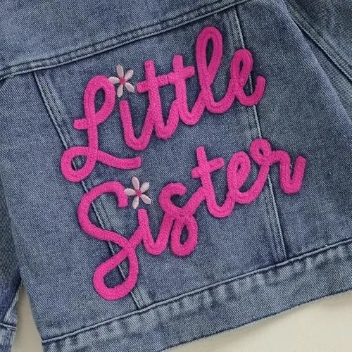 VISGOGO Toddler Baby Girl Jacket Big Lil Sister/Brother Letter Embroidery Jean Long Sleeve Cardigan Button Denim Coat - 7