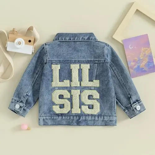 VISGOGO Toddler Baby Girl Jacket Big Lil Sister/Brother Letter Embroidery Jean Long Sleeve Cardigan Button Denim Coat - 4