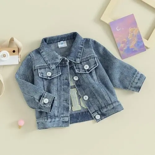 VISGOGO Toddler Baby Girl Jacket Big Lil Sister/Brother Letter Embroidery Jean Long Sleeve Cardigan Button Denim Coat - 5