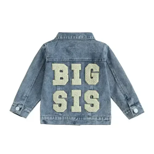 VISGOGO Toddler Baby Girl Jacket Big Lil Sister/Brother Letter Embroidery Jean Long Sleeve Cardigan Button Denim Coat - VISGOGO