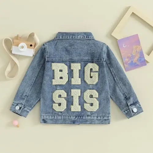 VISGOGO Toddler Baby Girl Jacket Big Lil Sister/Brother Letter Embroidery Jean Long Sleeve Cardigan Button Denim Coat - 2