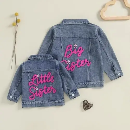 VISGOGO Toddler Baby Girl Jacket Big Lil Sister/Brother Letter Embroidery Jean Long Sleeve Cardigan Button Denim Coat - 2