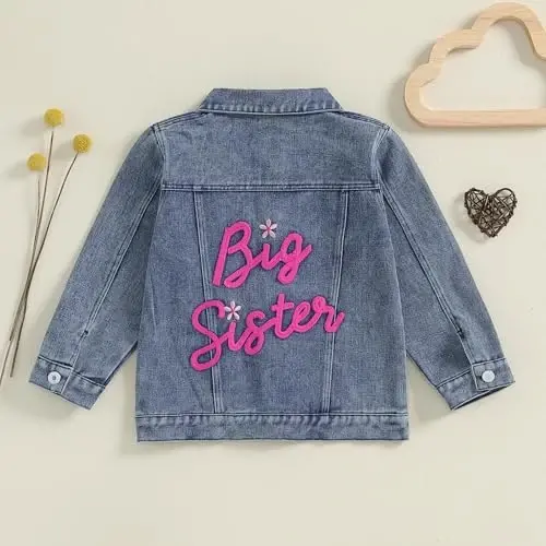 VISGOGO Toddler Baby Girl Jacket Big Lil Sister/Brother Letter Embroidery Jean Long Sleeve Cardigan Button Denim Coat - 3