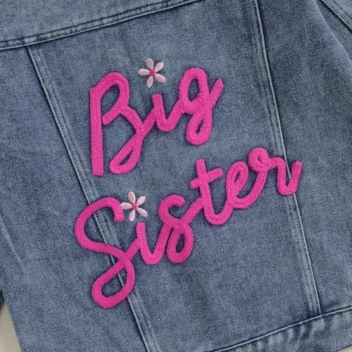 VISGOGO Toddler Baby Girl Jacket Big Lil Sister/Brother Letter Embroidery Jean Long Sleeve Cardigan Button Denim Coat - 6