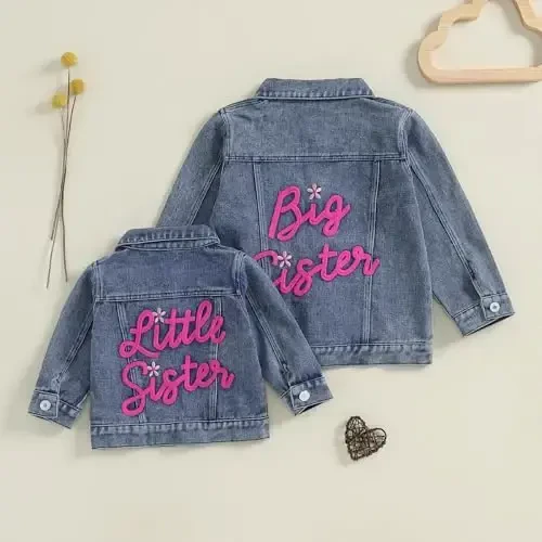 VISGOGO Toddler Baby Girl Jacket Big Lil Sister/Brother Letter Embroidery Jean Long Sleeve Cardigan Button Denim Coat - VISGOGO (1)