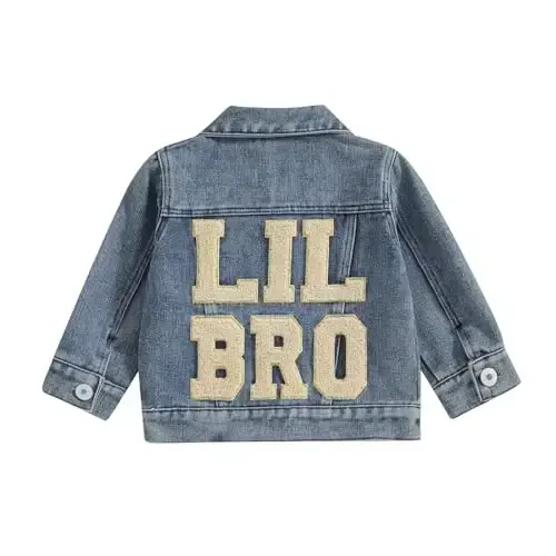 VISGOGO Toddler Baby Girl Jacket Big Lil Sister/Brother Letter Embroidery Jean Long Sleeve Cardigan Button Denim Coat 