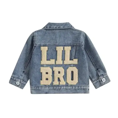 VISGOGO Toddler Baby Girl Jacket Big Lil Sister/Brother Letter Embroidery Jean Long Sleeve Cardigan Button Denim Coat - 1