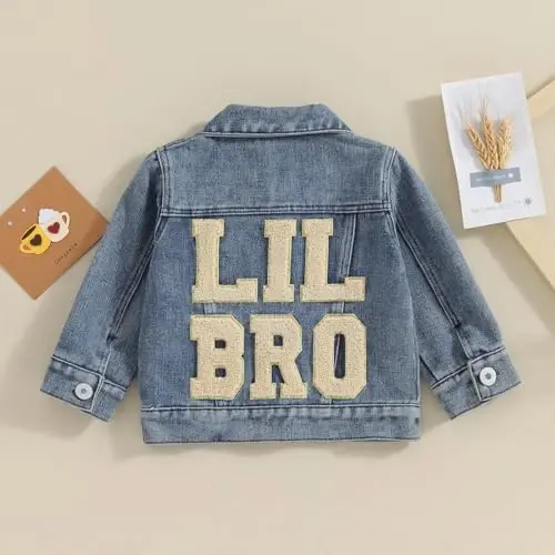 VISGOGO Toddler Baby Girl Jacket Big Lil Sister/Brother Letter Embroidery Jean Long Sleeve Cardigan Button Denim Coat - 2