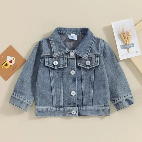 VISGOGO Toddler Baby Girl Jacket Big Lil Sister/Brother Letter Embroidery Jean Long Sleeve Cardigan Button Denim Coat - 7