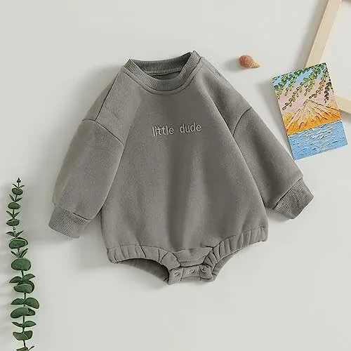 VISGOGO Newborn Infant Baby Boy Girls Oversized Romper Little Dude Sweater Onesie Coming Home Outfit Neutral Clothes - 3