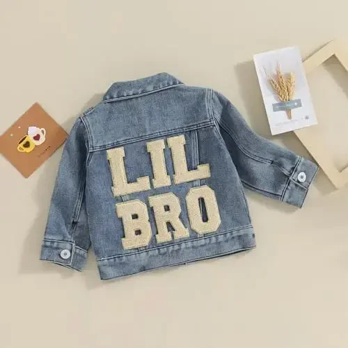 VISGOGO Toddler Baby Girl Jacket Big Lil Sister/Brother Letter Embroidery Jean Long Sleeve Cardigan Button Denim Coat - 3