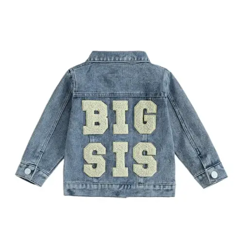 VISGOGO Toddler Baby Girl Jacket Big Lil Sister/Brother Letter Embroidery Jean Long Sleeve Cardigan Button Denim Coat 