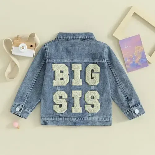 VISGOGO Toddler Baby Girl Jacket Big Lil Sister/Brother Letter Embroidery Jean Long Sleeve Cardigan Button Denim Coat - 2