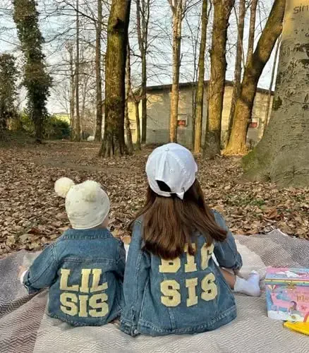 VISGOGO Toddler Baby Girl Jacket Big Lil Sister/Brother Letter Embroidery Jean Long Sleeve Cardigan Button Denim Coat - 7