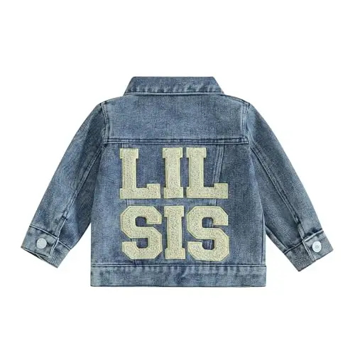 VISGOGO Toddler Baby Girl Jacket Big Lil Sister/Brother Letter Embroidery Jean Long Sleeve Cardigan Button Denim Coat - VISGOGO
