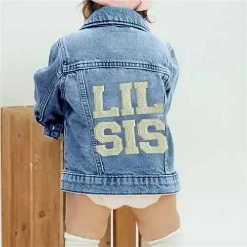 VISGOGO Toddler Baby Girl Jacket Big Lil Sister/Brother Letter Embroidery Jean Long Sleeve Cardigan Button Denim Coat - VISGOGO (1)