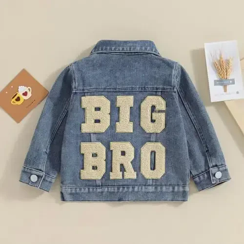 VISGOGO Toddler Baby Girl Jacket Big Lil Sister/Brother Letter Embroidery Jean Long Sleeve Cardigan Button Denim Coat - 2