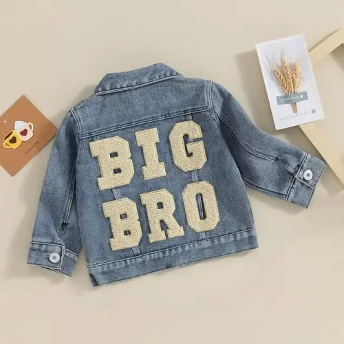 VISGOGO Toddler Baby Girl Jacket Big Lil Sister/Brother Letter Embroidery Jean Long Sleeve Cardigan Button Denim Coat - 3