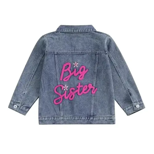 VISGOGO Toddler Baby Girl Jacket Big Lil Sister/Brother Letter Embroidery Jean Long Sleeve Cardigan Button Denim Coat - VISGOGO
