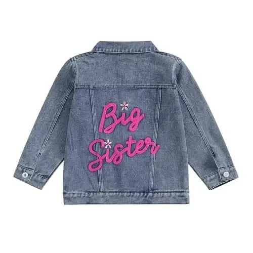 VISGOGO Toddler Baby Girl Jacket Big Lil Sister/Brother Letter Embroidery Jean Long Sleeve Cardigan Button Denim Coat - 1