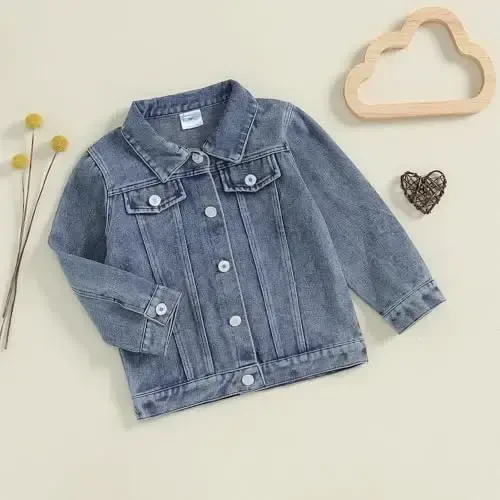 VISGOGO Toddler Baby Girl Jacket Big Lil Sister/Brother Letter Embroidery Jean Long Sleeve Cardigan Button Denim Coat - 5