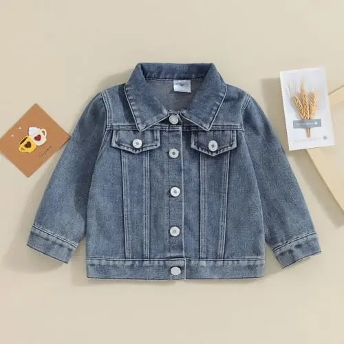 VISGOGO Toddler Baby Girl Jacket Katta Kichkina Opa/Aka Harflari Kashtachilik Jinsi Uzun Yengli Kardigan Tugmali Denim Palto - 4