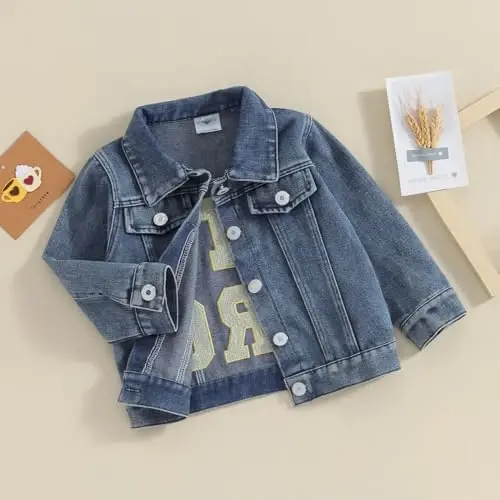 VISGOGO Toddler Baby Girl Jacket Katta Kichkina Opa/Aka Harflari Kashtachilik Jinsi Uzun Yengli Kardigan Tugmali Denim Palto - 7