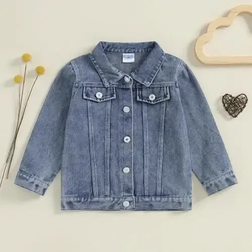 VISGOGO Toddler Baby Girl Jacket Katta Kichkina Opa/Uka Xati Kashtasi Jean Uzun Qisma Kardigan Tugmali Denim Palto - 4