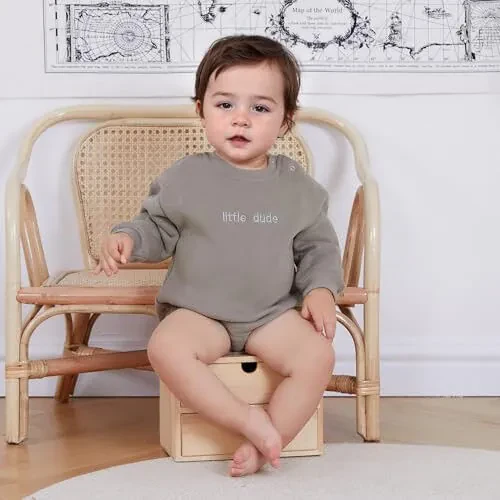 VISGOGO Newborn Infant Baby Boy Girls Oversized Romper Little Dude Sweater Onesie Coming Home Outfit Neutral Clothes - 2