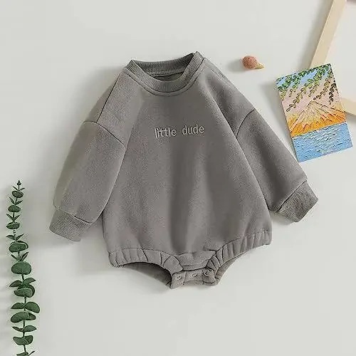VISGOGO Newborn Infant Baby Boy Girls Oversized Romper Little Dude Sweater Onesie Coming Home Outfit Neutral Clothes - 3