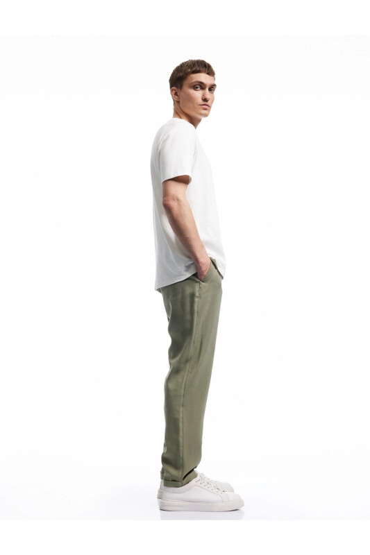 Viskon Cep Detaylı Rayon Tapered Beli Bağcıklı Pantolon - Haki - KOTON