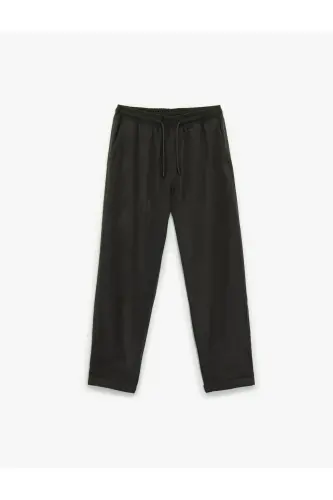 Viskon Cep Detaylı Rayon Tapered Beli Bağcıklı Pantolon-Lacivert - 3