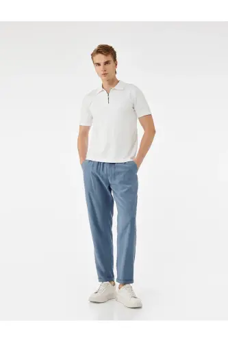 Viskon Cep Detaylı Rayon Tapered Beli Bağcıklı Pantolon-Mavi 