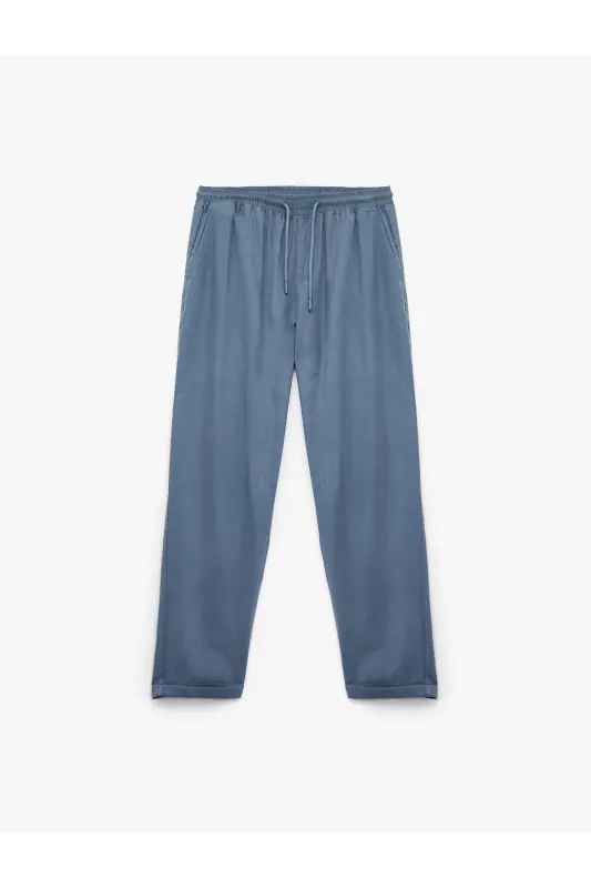 Viskon Cep Detaylı Rayon Tapered Beli Bağcıklı Pantolon-Mavi - 3