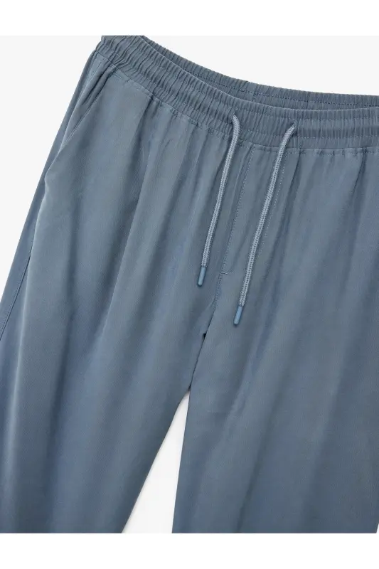 Viskon Cep Detaylı Rayon Tapered Beli Bağcıklı Pantolon-Mavi - 5
