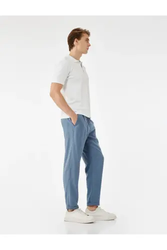 Viskon Cep Detaylı Rayon Tapered Beli Bağcıklı Pantolon - Mavi - KOTON (1)