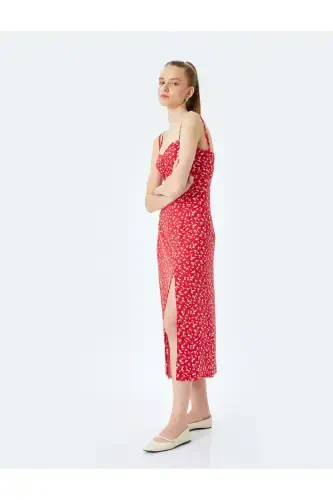 Viskon Çift Askılı Sırt Detaylı Çiçekli Yırtmaçlı A Kesim Midi Elbise - Koton (1)