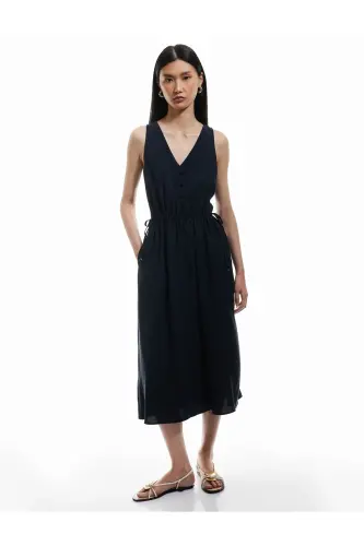 V Yaka Lacivert Midi Kadın Elbise 5SAK80014PW - Lacivert - 1