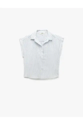 Viskon Keten Karışımlı Gömlek Yaka Kolsuz Crop Bluz - Mavi Çizgili - 4
