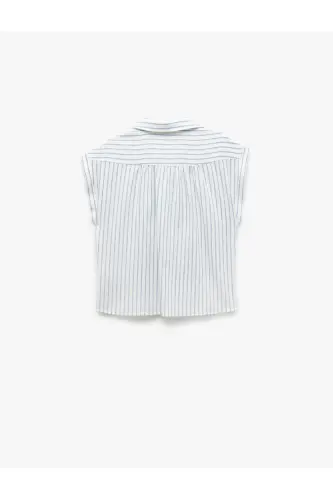 Viskon Keten Karışımlı Gömlek Yaka Kolsuz Crop Bluz - Mavi Çizgili - 5