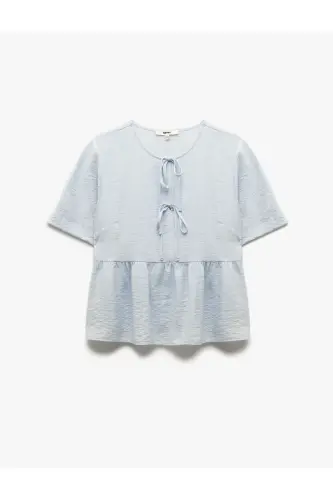 Viskon Kısa Kollu Fiyonk Detaylı Yuvarlak Yaka Peplum Bluz - Mavi - 4