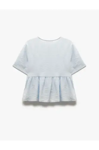 Viskon Kısa Kollu Fiyonk Detaylı Yuvarlak Yaka Peplum Bluz - Mavi - 5