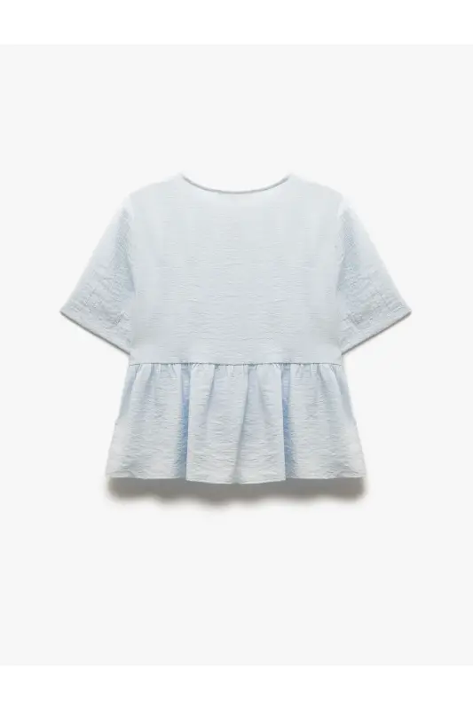 Viskon Kısa Kollu Fiyonk Detaylı Yuvarlak Yaka Peplum Bluz - Mavi - 5