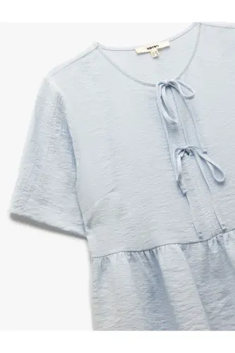 Viskon Kısa Kollu Fiyonk Detaylı Yuvarlak Yaka Peplum Bluz - Mavi - 6