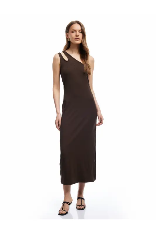 Viskon Kumaş Karışımlı Pencere Detaylı Midi Tek Omuz Elbise-Kahve - 2