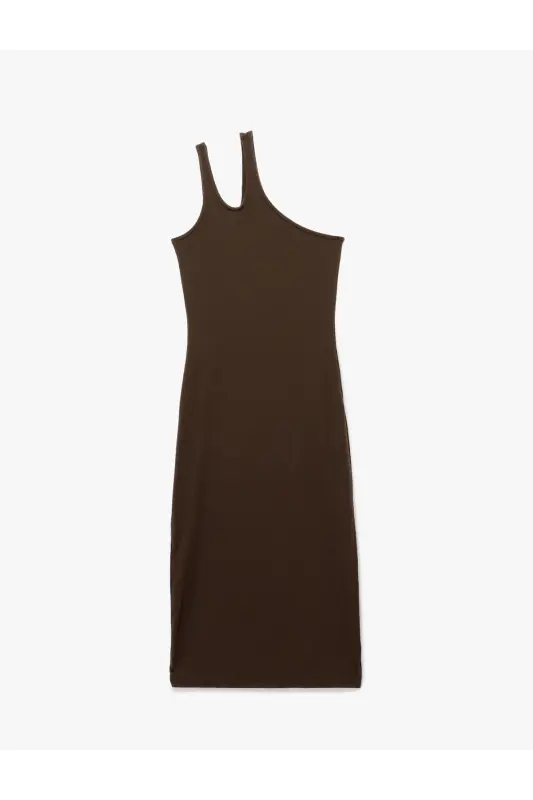 Viskon Kumaş Karışımlı Pencere Detaylı Midi Tek Omuz Elbise-Kahve - 4